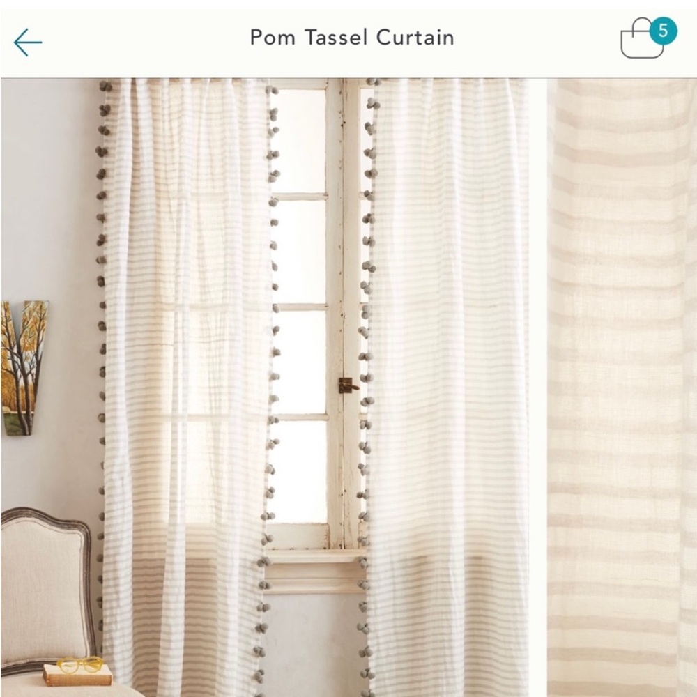 Anthropologie Set of 2 Cream and Gray Pom Tassel Curtains 50x108”